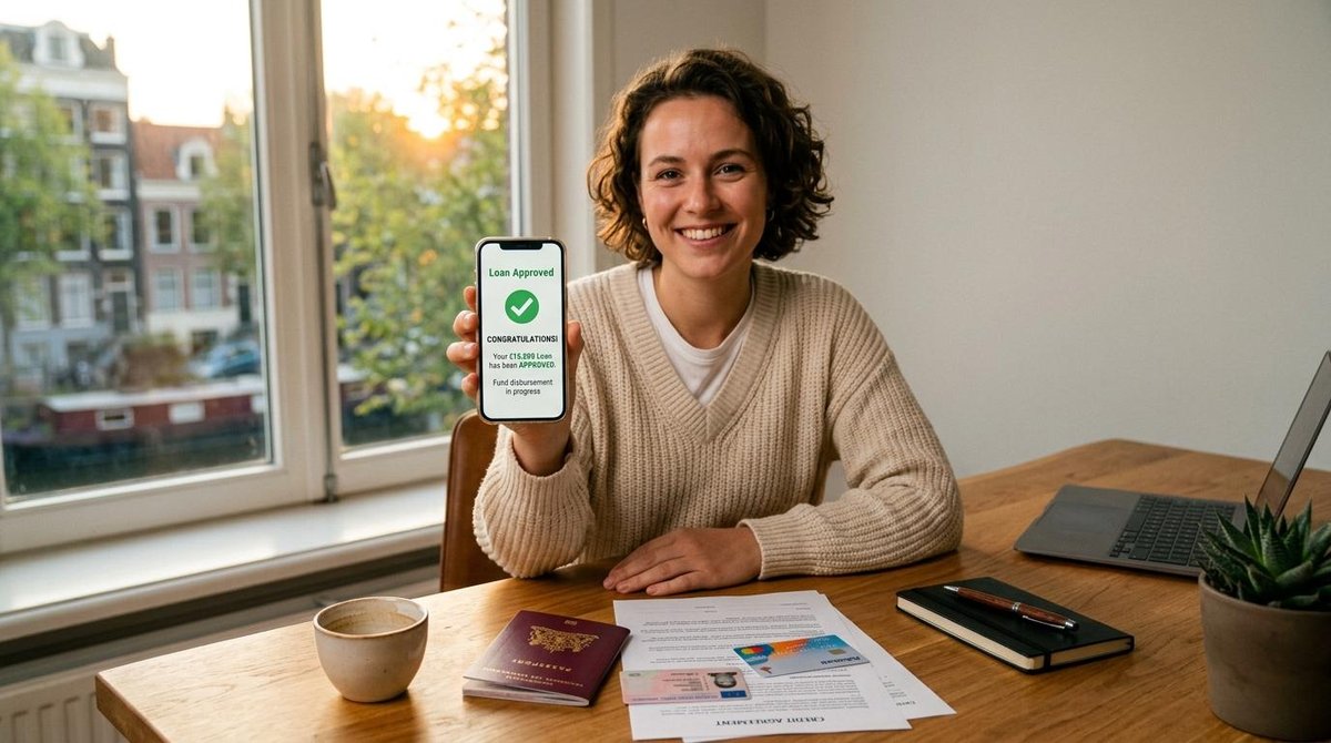Mulher sorrindo mostrando em seu celular a notificação de empréstimo aprovado no banco