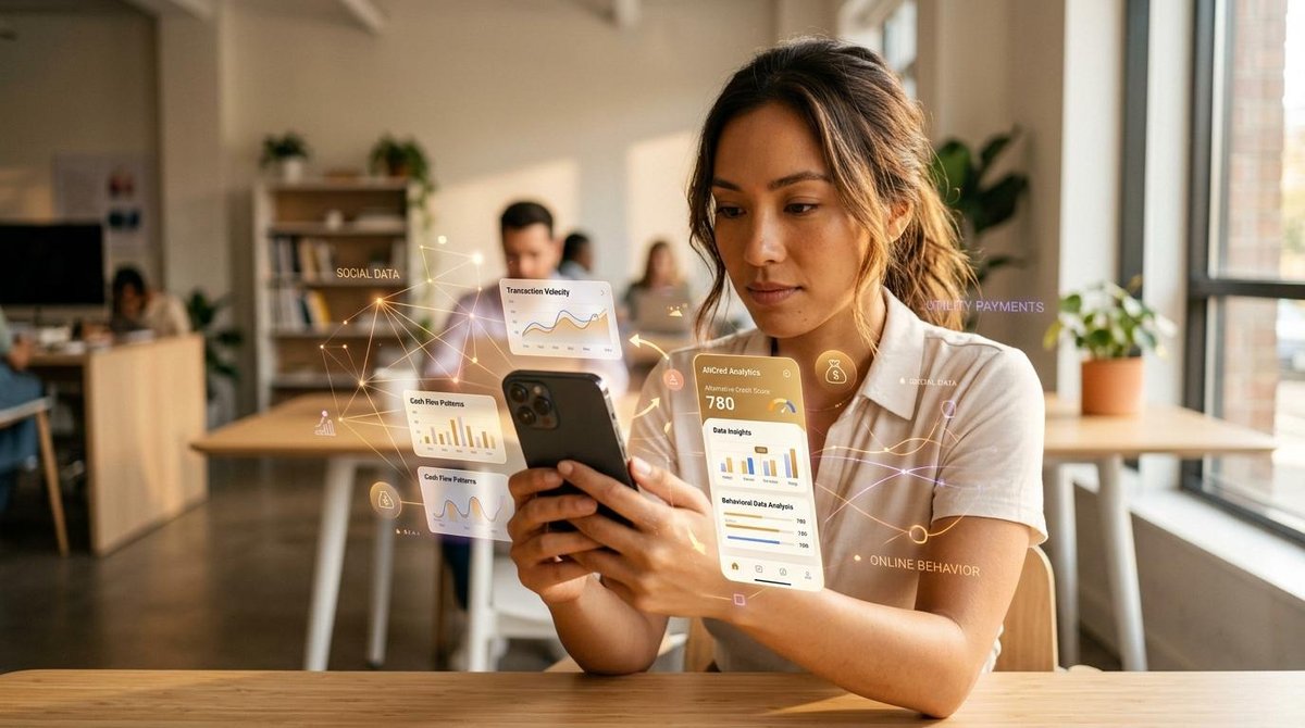 Mulher segurando o celular em mãos em um escritório