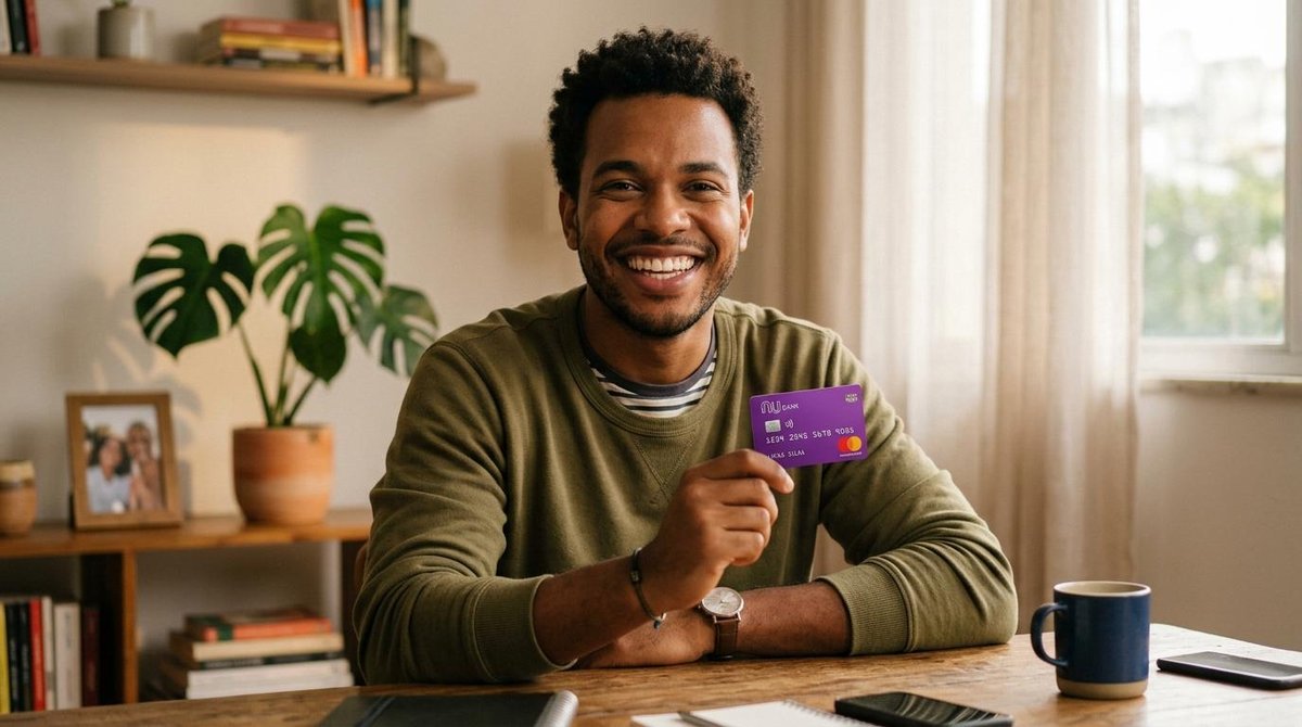 Homem sorrindo segurando um cartão de crédito em mãos