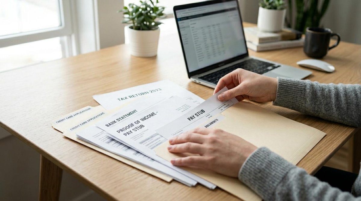 Requisitos para tirar um cartão de crédito sem score e como aumentar suas chances 3 Pessoa na frente de um notebook enquanto mexe em papéis