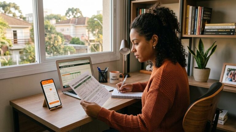Mulher na frente de um notebook olhando uma planilha de papel enquanto faz anotações em um caderno