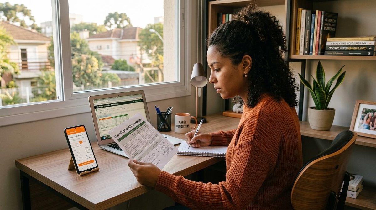 Mulher na frente de um notebook olhando uma planilha de papel enquanto faz anotações em um caderno