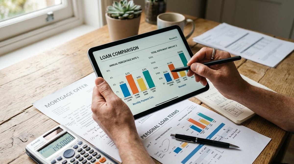 Tipos de empréstimos pessoais no Brasil: como funcionam e qual escolher 2 Pessoa analisado um gráfico em um tablete ao lado de papéis e uma calculadora