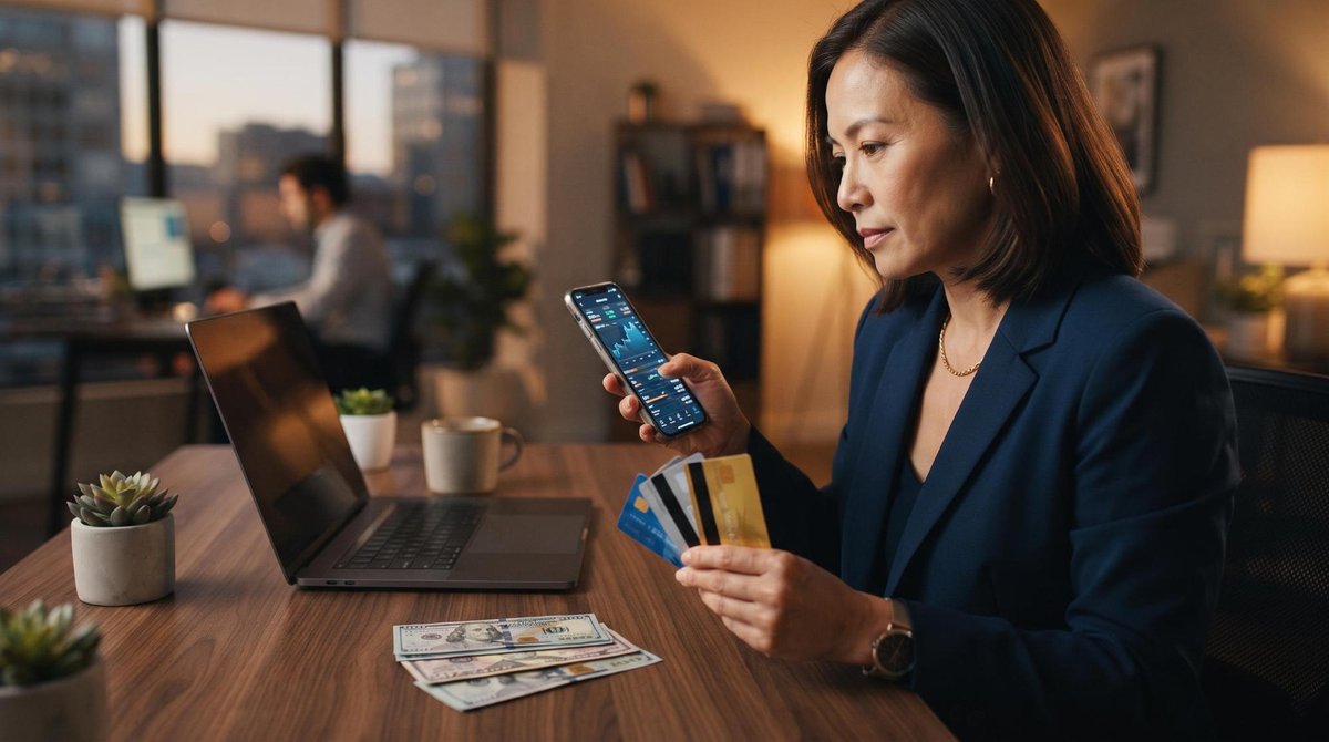 Pessoa analisando cotação do dólar em aplicativo de celular enquanto segura cartão internacional