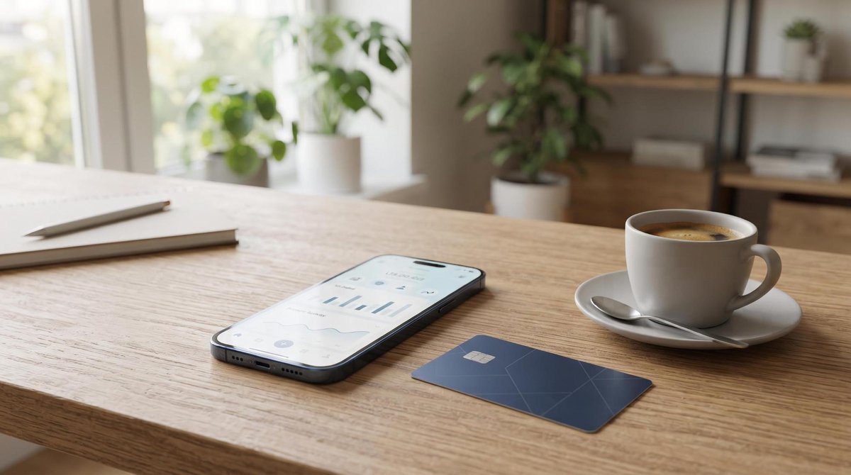 Vantagens e riscos de ter uma conta em dólar: o que avaliar antes de abrir a sua 2 Um smartphone exibe tela de aplicativo bancário com saldo em dólares americanos, posicionado sobre uma mesa de escritório ao lado de um cartão interna