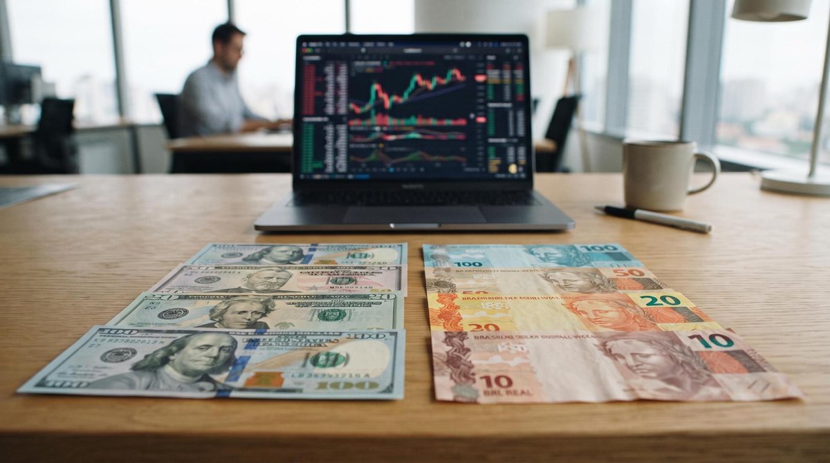 Vantagens e riscos de ter uma conta em dólar: o que avaliar antes de abrir a sua 3 Notas de dólar americano e real brasileiro dispostas lado a lado sobre uma mesa com notebook ao fundo exibindo gráficos financeiros, representando a c