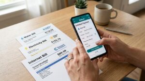 Como cuidar das contas em casa enquanto viajo: guia para manter tudo em dia de longe 3 Mãos segurando smartphone com tela de aplicativo bancário aberto mostrando funcionalidade de agendamento de pagamentos, com boletos de água, luz e int