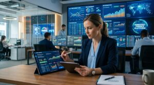 Profissional analisando dados financeiros em um tablet, com gráficos e interfaces digitais de análise de crédito em tempo real ao fundo, representando
