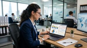 Pessoa concentrada trabalhando em um notebook com gráficos de vendas internacionais e alertas de monitoramento de risco visíveis na tela, ambiente de 