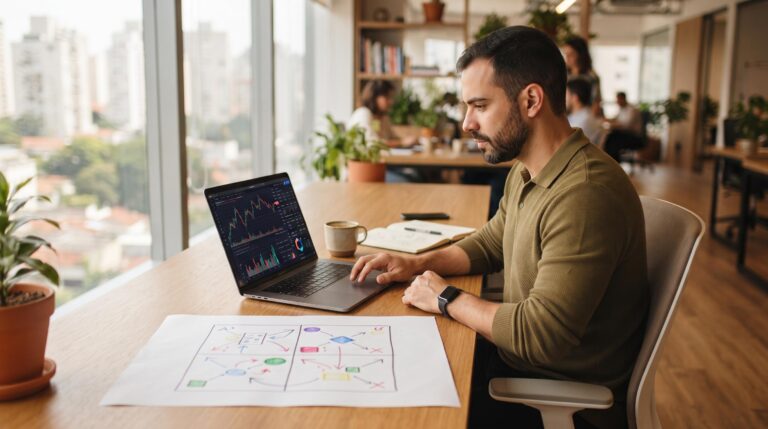 Pessoa empreendedora analisando gráficos financeiros em um notebook para montar a matriz SWOT da sua PME