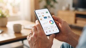 Drex, a moeda digital brasileira: o que é, como funciona e quando chega ao público 2 Mãos de uma pessoa segurando um smartphone exibindo uma interface de aplicativo financeiro com ícones de transações digitais, com iluminação suave e q
