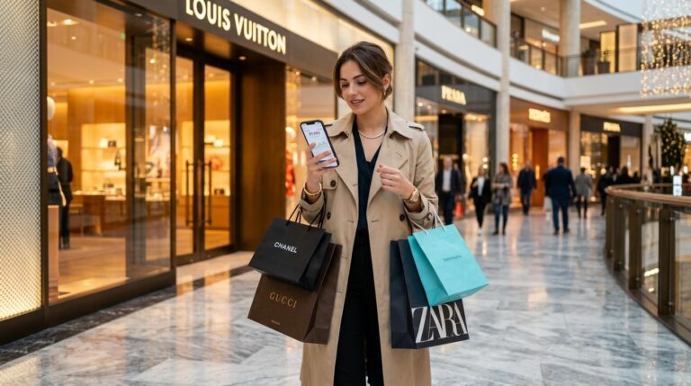 Pessoa consultando a cotação do dólar no celular antes de fazer compras no exterior