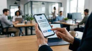 Open Finance no Brasil: o que muda para quem usa serviços financeiros no dia a dia 3 Mãos digitando em smartphone com tela mostrando confirmação de autorização de segurança, ambiente de escritório moderno com fundo desfocado, tons neut