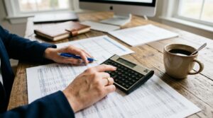 Como definir preços éticos e transparentes na sua PME sem comprometer o lucro 3 Primeiro plano de mãos usando uma calculadora financeira sobre uma mesa de madeira com planilhas de custos impressas e uma xícara de café, criando uma