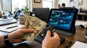 Como aproveitar o câmbio para fazer compras no exterior e pagar menos 2 Mãos segurando notas de dólar e um cartão de crédito internacional sobre uma mesa de escritório, com um tablet ao fundo exibindo gráficos de variação