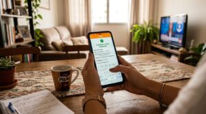 Tendências de pagamento digital no Brasil: o que muda nos próximos anos 2 Mãos digitando em um smartphone com a tela exibindo uma transferência Pix sendo realizada com sucesso, em um ambiente doméstico aconchegante e contemp