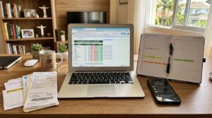 Como cuidar das contas em casa enquanto viajo: guia para manter tudo em dia de longe 2 Mesa organizada com notebook aberto exibindo planilha de contas domésticas, smartphone, agenda com datas de vencimento destacadas e documentos de bole