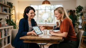 Marketing boca a boca para negócios de serviços: como transformar clientes em promotores 2 Profissional de serviços mostrando um tablet para uma cliente satisfeita durante uma reunião, com iluminação quente destacando a interação positiva e