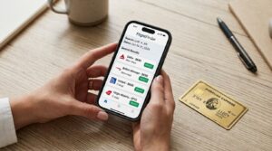 Dicas para economizar em hospedagem e passagens nas suas próximas viagens 3 Mãos segurando um smartphone mostrando comparador de preços de passagens aéreas na tela, com um cartão de crédito posicionado ao lado sobre uma superf