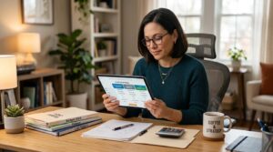 Open Finance: como compartilhar dados bancários e conseguir melhores condições financeiras 2 Mulher adulta comparando propostas de crédito em tablet sobre mesa de escritório limpo e organizado, com documentos financeiros e xícara de café ao la