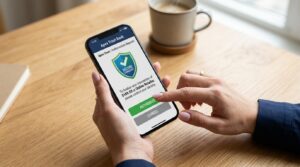 Open Finance: como compartilhar dados bancários e conseguir melhores condições financeiras 3 Close-up de smartphone mostrando tela de autorização bancária com ícone de segurança visível, mãos femininas segurando o aparelho sobre superfície de