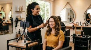 Como lotar meu salão de beleza com marketing nas redes sociais em 6 passos práticos 3 Cabeleireira gravando um vídeo de transformação capilar com smartphone em tripé dentro de um salão iluminado, cliente sorrindo na cadeira, ambiente ac