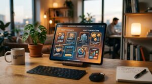 Drex, a moeda digital brasileira: o que é, como funciona e quando chega ao público 3 Um tablet sobre uma mesa de escritório moderno exibindo um documento digital brilhante com ícones de blocos de tecnologia simbolizando contratos intel