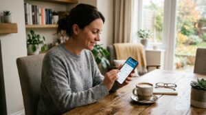 Open Finance no Brasil: o que muda para quem usa serviços financeiros no dia a dia 2 Pessoa sentada em um ambiente doméstico aconchegante consultando extrato bancário em seu celular, com uma xícara de café ao lado e iluminação natural