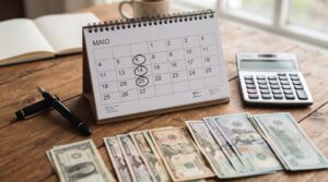 Como comprar dólar ou euro antes de viajar e pagar menos no câmbio 3 Calendário de mesa com datas marcadas para compras programadas, surrounded por calculadora, caneta e cédulas de dólar americano, representando a estra