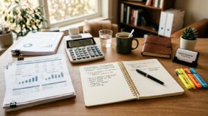 Como fazer uma análise SWOT financeira da sua PME em etapas práticas 2 Mesa de trabalho organizada com documentos financeiros, calculadora e um caderno de anotações, representando a coleta de dados para planejamento estra