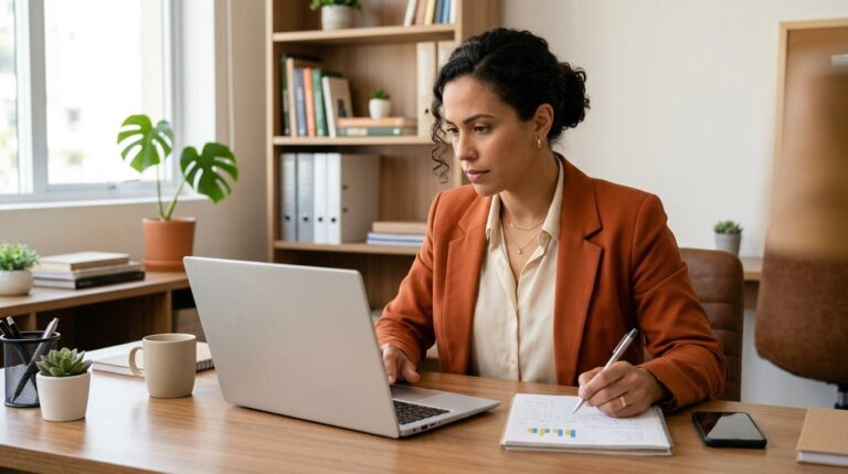Pessoa empreendedora analisando planilha de custos e preços em um caderno sobre mesa de trabalho