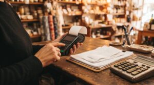 Novas funções do Mercado Pago para administrar seu negócio com mais controle 3 Mãos de uma pessoa emitindo uma nota fiscal em uma maquininha de cartão portátil, com documentos organizados e uma calculadora sobre a bancada de um c