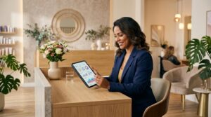Como lotar meu salão de beleza com marketing nas redes sociais em 6 passos práticos 2 Proprietária de salão de beleza analisando métricas de redes sociais em um tablet sobre a recepção do salão, expressão confiante, ambiente limpo e pro