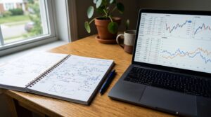 Como aproveitar o câmbio para fazer compras no exterior e pagar menos 3 Un portátil muestra gráficos financieros junto a un calendario con notas