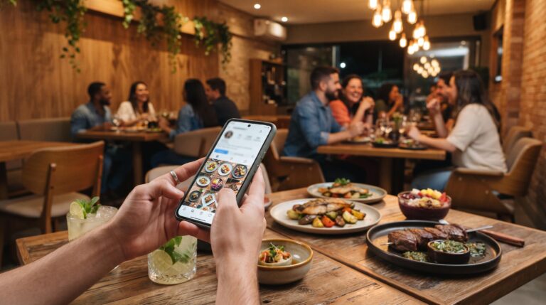 Pessoa gerenciando o perfil digital de um restaurante em um tablet com fotos de pratos ao fundo