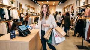 Cliente sorridente segurando sacolas de compras em uma loja física moderna, com um terminal de pagamento digital ao lado, simbolizando a facilidade de
