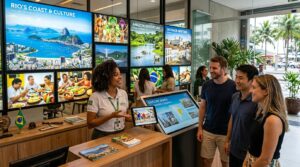 Guia de turismo apresentando experiências culturais autênticas para visitantes estrangeiros em um ambiente profissional, com imagens de natureza, prai
