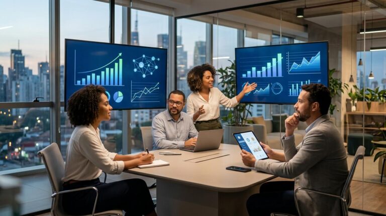 Pessoa analisando dados financeiros digitais em tablet com gráficos de crescimento do setor de fintechs