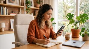 Novidades do Mercado Pago para vendedores este ano: o que mudou e como aproveitar 3 Uma empreendedora sentada em um espaço de trabalho moderno e organizado, usando o celular para gerenciar vendas enquanto anota informações em um cader