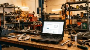 Notebook aberto sobre uma mesa de trabalho dentro de uma oficina mecânica, com a tela mostrando um perfil de negócio sendo configurado, ferramentas e
