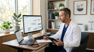 Médico em consultório contemporâneo revisando anotações e perfil de pacientes em prontuário digital, com computador e elementos visuais que sugerem an
