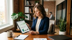 Como fazer uma análise SWOT financeira da sua PME em etapas práticas 3 Gestor de pequena empresa segurando um tablet com gráficos de fluxo de caixa e balanço patrimonial, focado na análise de indicadores financeiros em um