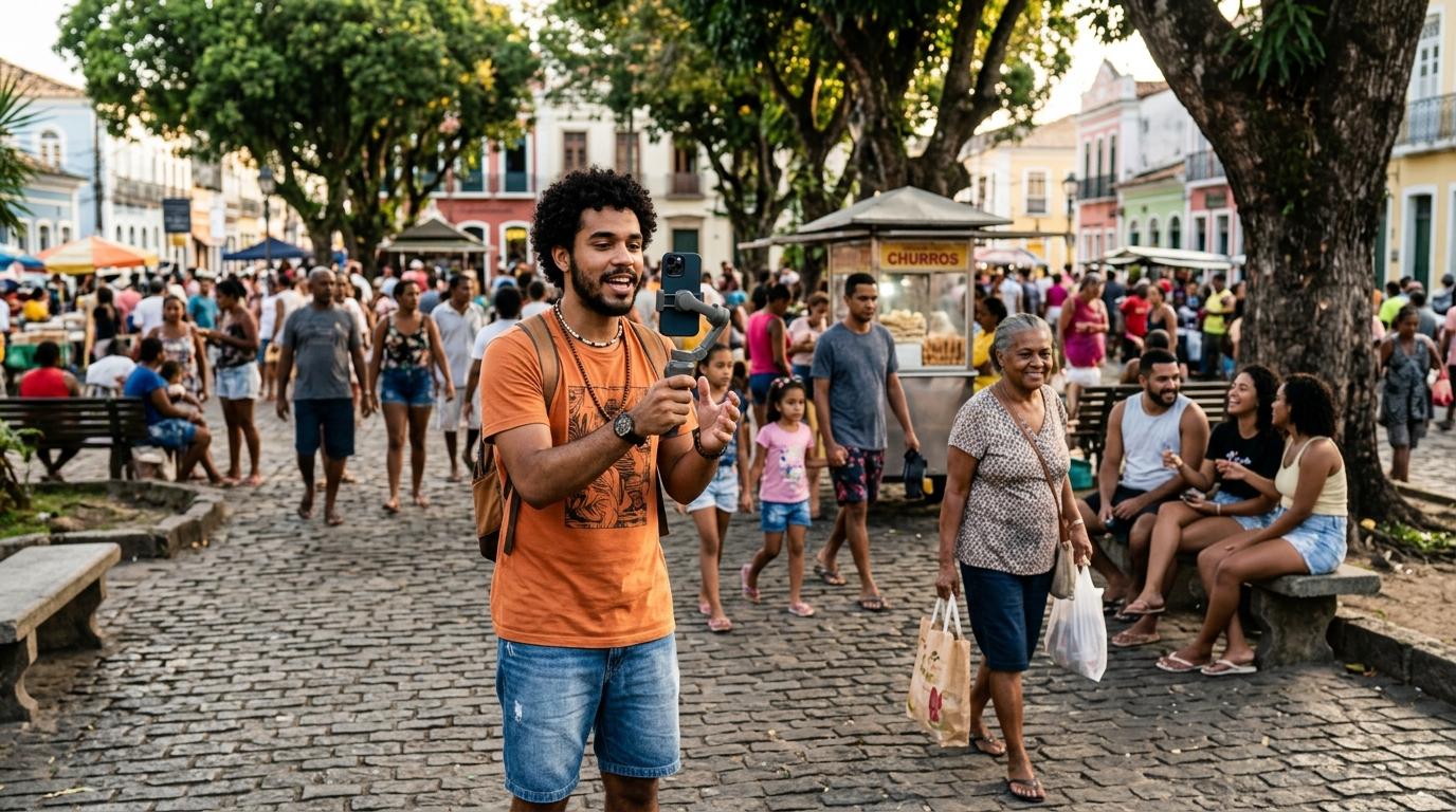 Jovem influenciador local gravando um vídeo com celular em uma praça de bairro movimentada, enquanto moradores passam ao fundo