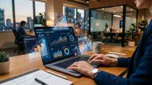 Mãos de gestor interagindo com interface digital de inteligência artificial para gestão financeira em um notebook, com projeções de dados e gráficos e
