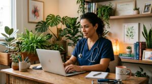  Profissional de saúde criando conteúdo em laptop em ambiente de consultório com plantas e decoração humanizada, tela visível com textos médicos, atmos
