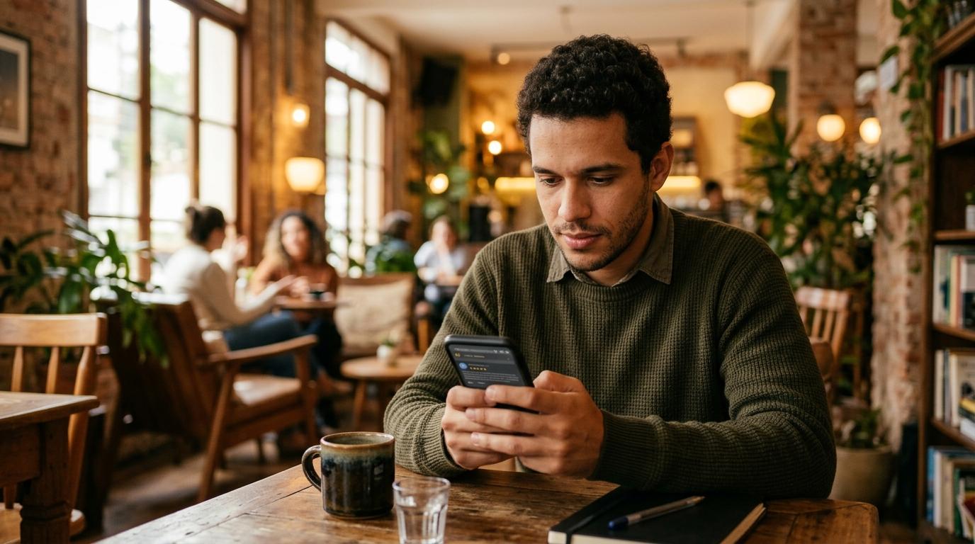 Cliente concentrado segurando um celular com as duas mãos para ler avaliações online antes de uma compra, sentado em um café acolhedor com tons quente
