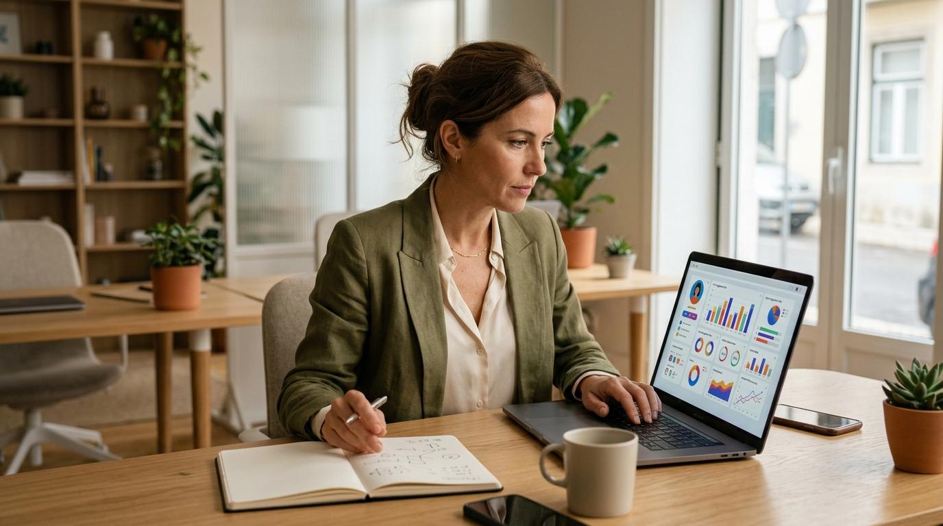 Empresária analisando perfis em um laptop moderno sobre uma mesa de madeira clara, com anotações e métricas de engajamento visíveis na tela