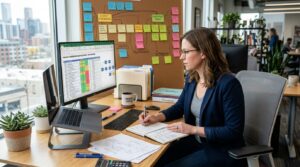 Como automatizar tarefas da sua PME com inteligência artificial em etapas práticas 2 Um pequeno empresário analisa uma planilha de processos e fluxos de trabalho em uma mesa organizada, com post-its coloridos e documentos, representand