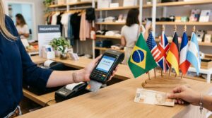 Como aceitar pagamentos de turistas estrangeiros e aumentar as vendas do seu negócio 2 Uma mão segura uma maquininha de cartão moderna com bandeiras internacionais visíveis ao lado de uma fatura em reais, em um ambiente comercial ilumina