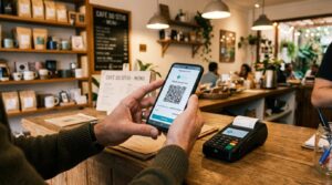 Novidades do Mercado Pago para vendedores este ano: o que mudou e como aproveitar 2 Mãos de uma pessoa segurando um smartphone mostrando um QR code para pagamento Pix, com uma maquininha de cartão compacta sobre o balcão de madeira de